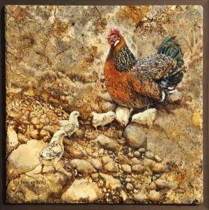 "Fowl Play at Dry Creek", oil on travertine, 16" x 16". Information at Sandz Fine Art Gallery, (805) 295-6143.