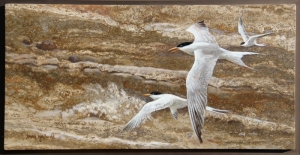 "Terns", oil on travertine, 12" x 24". Information at Sandz Fine Art Gallery, (805) 295-6143.