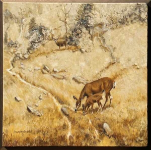 "Deer Family", oil on travertine, 16" x 16", $950 