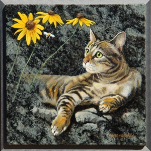 "Cat Like", oil on granite, 12" x 12"